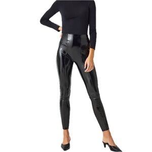 NWT SPANX Patent Faux Leather Leggings Large High Rise Black Shaping